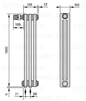 Схема (чертеж) Радиатор Zehnder Charleston 3180/3 №V001 Белый глянцевый RAL 9016